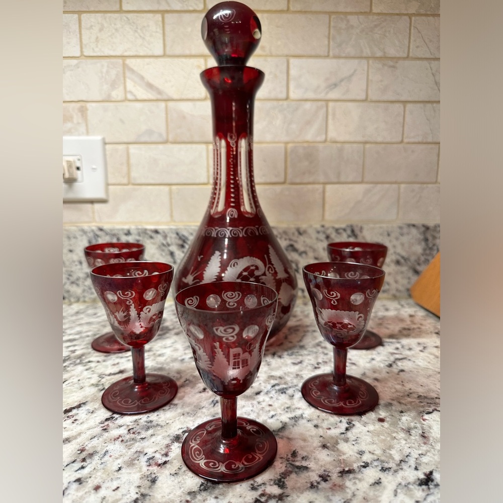 Vintage Egermann Bohemian Style Ruby Red Etched Decanter & 5 Wine Goblets Set